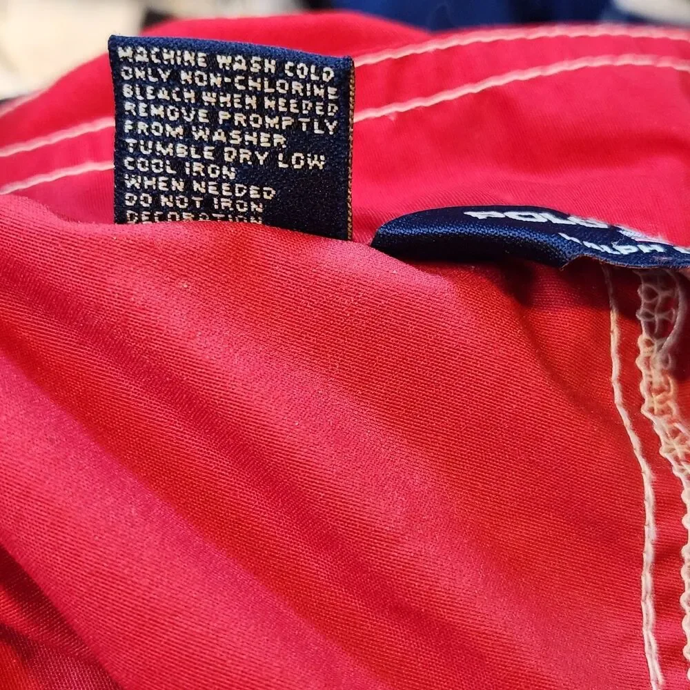 Vintage 90s Polo Sport Mens 34 Ralph Lauren Board Shorts Red Spellout Nylon Surf